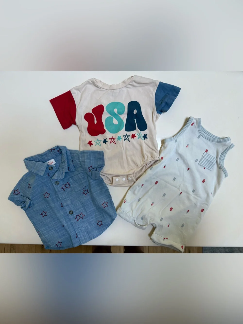 Patriotic 'USA' Graphic Baby Romper and button up. Fourth of July ready!